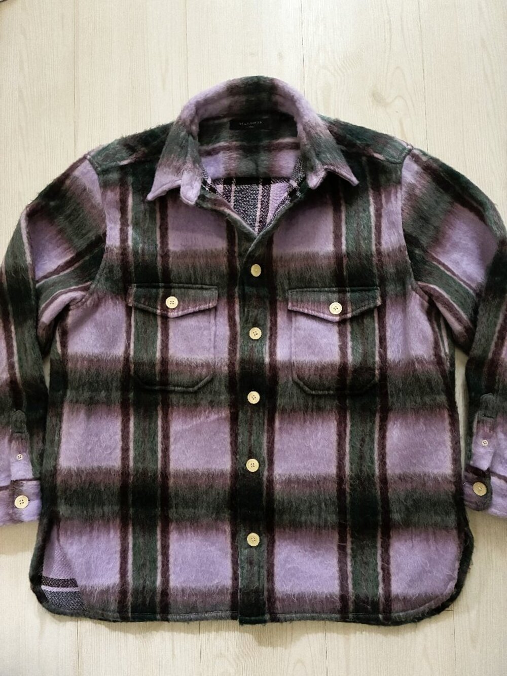 All Saints Zeiser Plaid Shirt Jacket Shacket Cold Lilac Purple Wool Blend XL